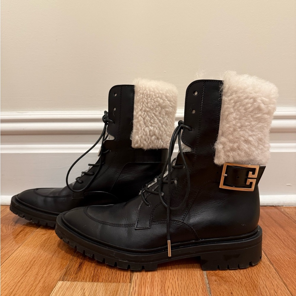 GIVENCHY SHEARLING AVIATOR COMBAT ANKLE BOOTS LEATHER BOOTS SHOES BIKER